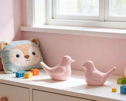 Artconal Small Pink Bird Statue Ceramic 2-Piece Set, 2¾ inch Cute Knick Knack for Home Office Shelf Desk Decor