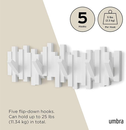 Umbra Sticks Wall-Mounted Coat Rack Rail Hook with 5 Retractable Pegs – Modern, Space-Saving Storage Organizer, White