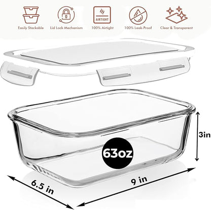 Razab 4 PC 1860ml / 63 Oz / 8 Cups Large Glass Food Storage Containers with Lids - Glass Meal Prep Containers for Roasting & Storing Leftover, Lunch Container with Lids, Microwave & Oven Safe