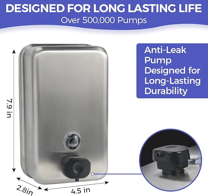 Stardrix Heavy Duty Stainless Steel Wall Mount Soap Dispenser, 1100ml/37oz, with Corrosion Proof Lining and Anti-Leak Pump for Commercial & Home Bathroom Kitchen(Vertical)