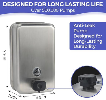 Stardrix Heavy Duty Stainless Steel Wall Mount Soap Dispenser, 1100ml/37oz, with Corrosion Proof Lining and Anti-Leak Pump for Commercial & Home Bathroom Kitchen(Vertical)