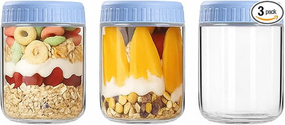 Overnight Oats Containers with Lids, 16oz Wide Mouth Mason Jars with Lids, 3 Pack Glass Jars with Airtight lid for Chia Pudding Yogurt Salad, Meal Prer Oatmeal Jars, Blue