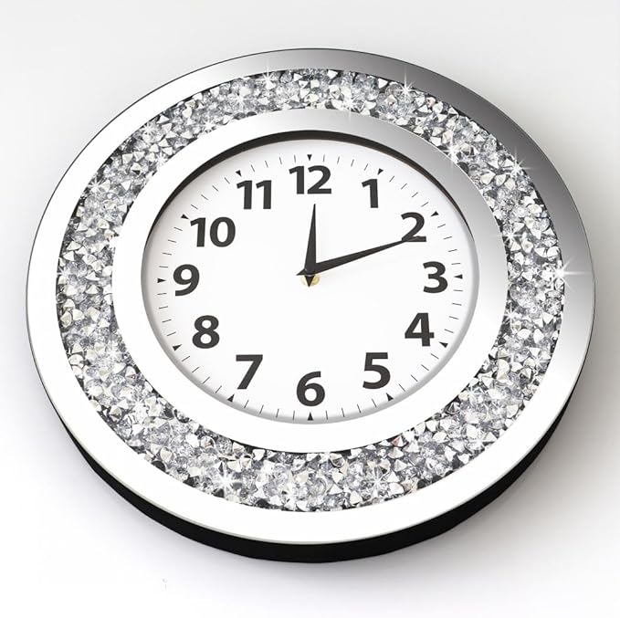 DMDFIRST Crystal Crushed Diamond Mirrored Round Wall Clock 16x16x2 inches for Wall Decoration Silver Glass Mirror Clock Sparkle Twinkle Bling Home Decor. AA Battery is not Included.