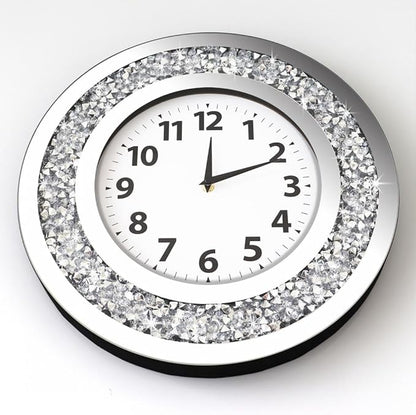 DMDFIRST Crystal Crushed Diamond Mirrored Round Wall Clock 16x16x2 inches for Wall Decoration Silver Glass Mirror Clock Sparkle Twinkle Bling Home Decor. AA Battery is not Included.