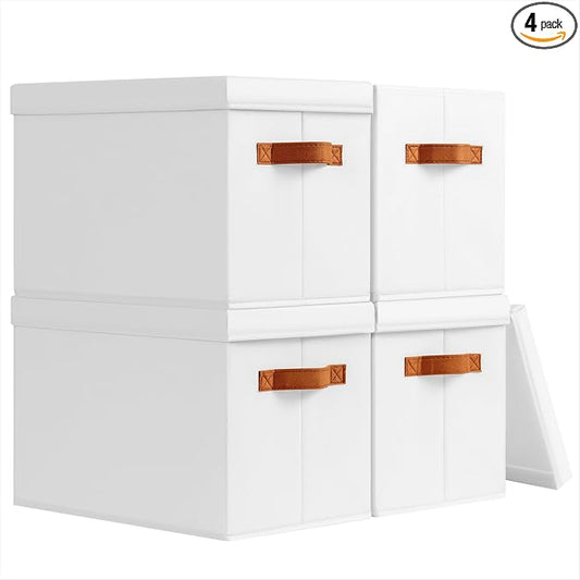 Homsorout Storage Bins with Lids - Fabric Storage Baskets for Shelves, 4 Pack Foldable Decorative Boxes with Handles, Stackable Organizer Bins for Home, Nursery, Dorm, White