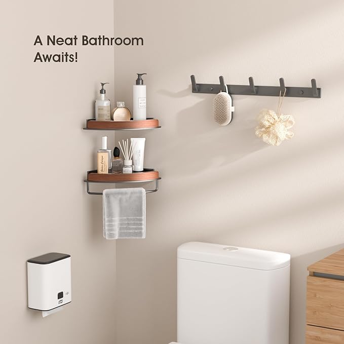1 Pack Walnut Color Wall-Mounted Corner Caddy for Bathroom - No Drill Triangle Corner Storage Rack with Glue Accessories, Waterproof Vanity Organizer for Toiletries & Towels
