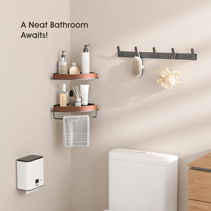1 Pack Walnut Color Wall-Mounted Corner Caddy for Bathroom - No Drill Triangle Corner Storage Rack with Glue Accessories, Waterproof Vanity Organizer for Toiletries & Towels