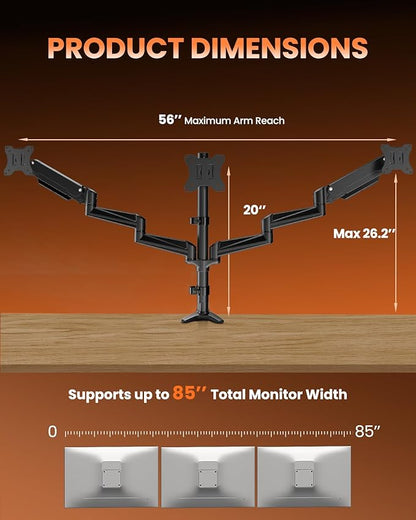 ErGear Triple Monitor Mount, Fully Adjustable Gaming 3 Monitor Desk Mount for 17 to 32 inch Computer Screens, Swivel, Tilt, Rotation, C-Clamp & Grommet Base