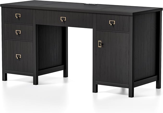 59" Executive Desk with File Drawer, Farmhouse Computer Desk with Charging Station and Storage Cabinet Wood Home Office Desk for Writing Study, Black