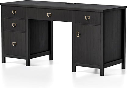 59" Executive Desk with File Drawer, Farmhouse Computer Desk with Charging Station and Storage Cabinet Wood Home Office Desk for Writing Study, Black