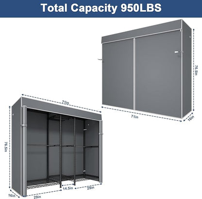Ulif E12C Heavy Duty Closet Organizer System，Freestanding Clothing Racks for Hanging Clothes，Adjustable Garment Rack 71" W x 16" D x 76.5" H Hold 960 lbs，Black Clothing Rack with Grey Dustproof Cover