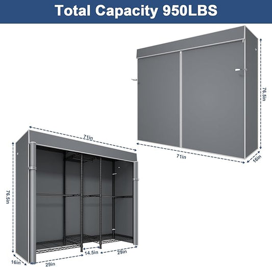 Ulif E12C Pro Heavy Duty Closet Organizer System，Freestanding Clothing Racks for Hanging Clothes，Adjustable Garment Rack 71"W x 16"D x 76.5"H Hold 960lbs，Black Clothing Rack with Grey Dustproof Cover