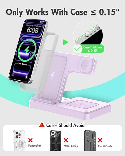 Wireless Charger Stand Charging Station: 3 in 1 Charger Multiple Devices for Apple iPhone 17 16e 16 15 14 Pro Max 13 12 11 for Watch 11 10 9 8 7 6 5 4 3 2 SE and Ultra & Airpods Series, Light Violet