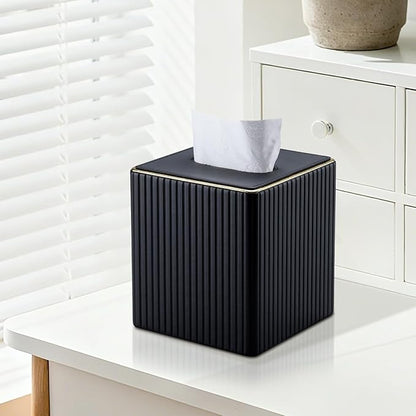 KINGFOM Tissue Box Cover, PU Leather Square Tissue Box Holder for Kleenexs with Magnetic Bottom Cover for Facial Tissues/Napkins, Office & Living Room Decor Box Black
