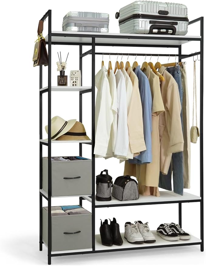 CAPHAUS 979lbs Capacity Garment Rack for Hanging Clothes, Heavy Duty Open Wardrobe w/Hanging Rods & Fabric Drawers, Free Standing Closet Organizer, Metal Closet Rack w/White Wooden Shelves