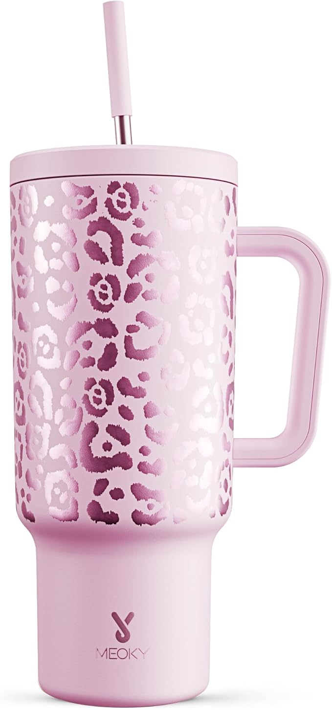 Meoky 40 oz Tumbler with Handle and Straw, Tumbler with Lid and Straw, Insulated Stainless Steel Travel Mug, 100% Leak-proof, Keeps Cold for 34 Hours or Hot for 10 Hours (Pink Leopard)