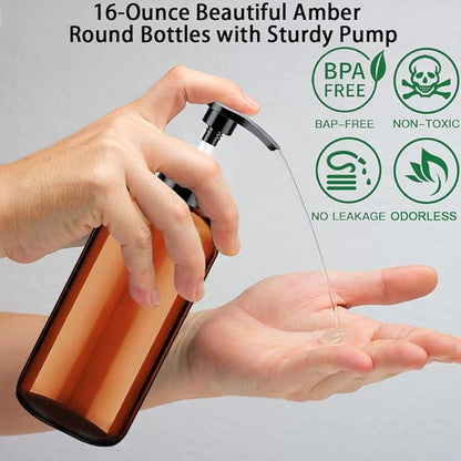 Soap Dispenser with Rust Proof Pump, Waterproof Labels (2 Pack,16 Oz) Bathroom, Plastic Hand Dish Soap Dispenser for Kitchen, Premium Thick Soap Pump Bottles (Amber)