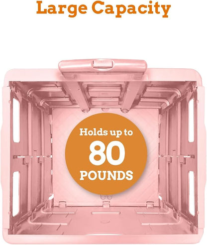Inspired Living Ultra-Slim Rolling Collapsible Storage Pack-N-Roll Utility-carts, with Telescopic Handle, for Home, Garden, Shopping, Office, School use, Large, Raspberry Pink