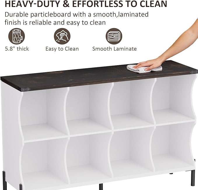 8 Cube Book Shelf, Low and Short Bookshelf, Long Cube Storage Organizer Wood TV Stand, Toy Organization DVD Cabinets for Living Room, Office, Bedroom, Dorm, White with Dark Brown Top