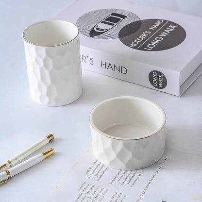 Aesthetic Desk Organizer Set of 2 For Office, Ceramic Pen Holder and Paper Clip Holder Dispenser, Cute Pencil Cup Pot for Desk, Desktop Accessories, Office Decor for women men Ideal Gifts (White Set)
