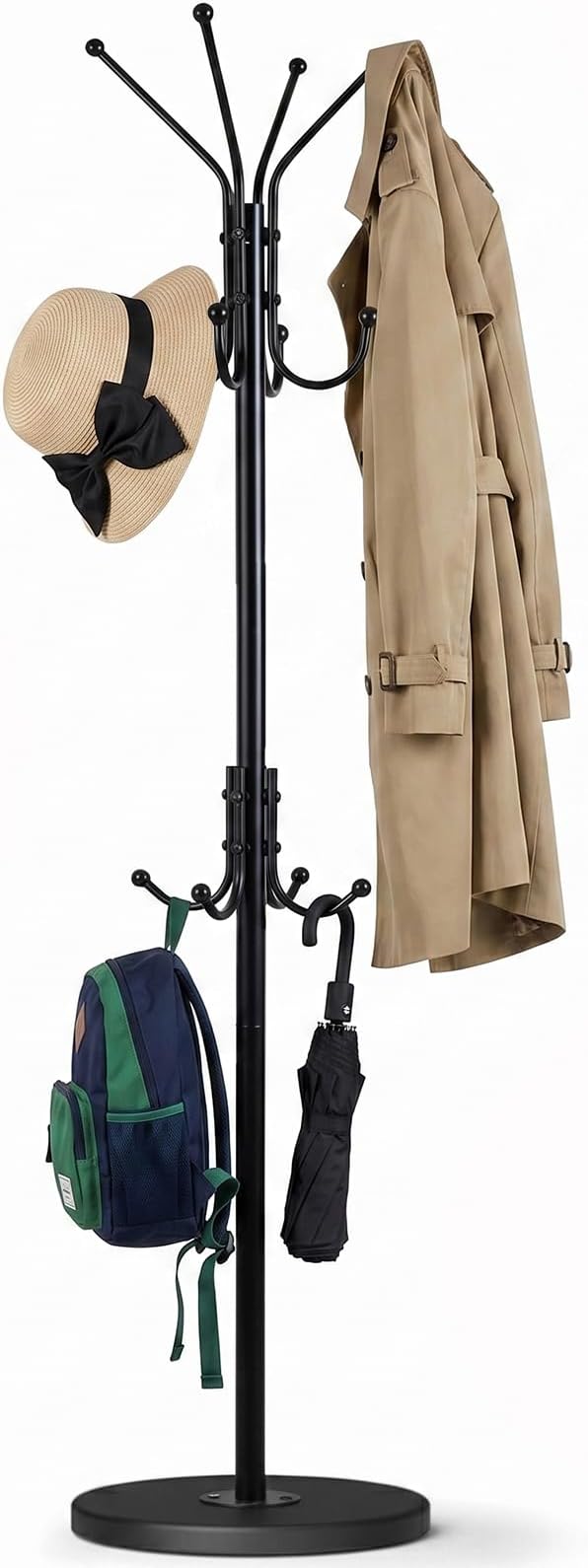 Freestanding Coat Rack with 12 Hooks,Modern Coat Stand with Wood Base for Entryway, Bedroom, Office, 3 Adjustable Height Coats Hanger Stand for Coats, Hats, Handbags and Scarves, Black