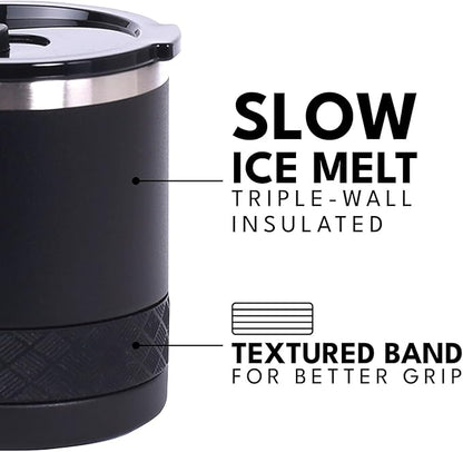 Elemental Recess Lowball Tumbler Set of 2, 10oz Triple Wall Stainless Steel Cup with Non-Shattered Tritan Lid, Insulated Whiskey Glass, Insulated Coffee Tumbler Mug for Hot & Cold Drinks - Black