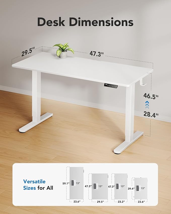 HUANUO Electric Standing Desks, Whole Piece Desktop, Adjustable Height Computer Desk, 4 Height Memory Settings, Sit Stand Up Desk for Home Office, 48" x 30", White