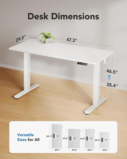 HUANUO Electric Standing Desks, Whole Piece Desktop, Adjustable Height Computer Desk, 4 Height Memory Settings, Sit Stand Up Desk for Home Office, 48" x 30", White