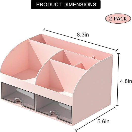COMFYROOM Desk Organizer with 6 Compartments and 2 Drawers, Plastic Makeup Organizer, Pen Holder for Desktop Storage, Desk Organization for School, Home, Office Supplies Pink-2Pack