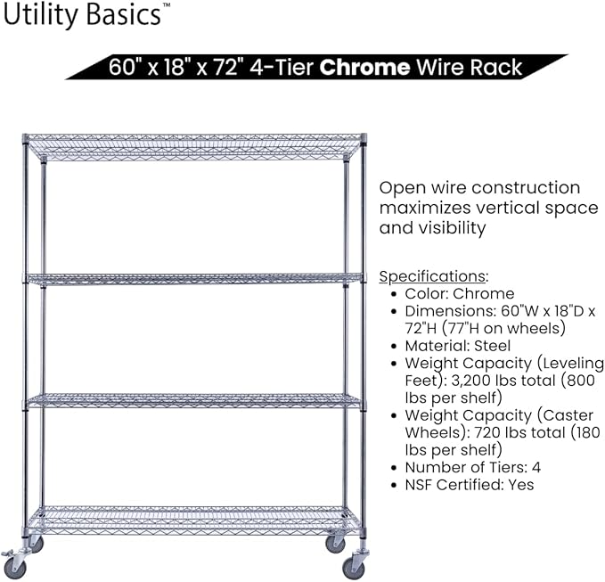 Utility Basics NSF Commercial 4-Tier Wire Shelving with Wheels, 60"x18"x72" Heavy Duty Metal Shelves 3200 lbs Max Capacity, Chrome Storage Rack for Garage Kitchen Pantry Warehouse