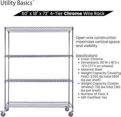 Utility Basics NSF Commercial 4-Tier Wire Shelving with Wheels, 60"x18"x72" Heavy Duty Metal Shelves 3200 lbs Max Capacity, Chrome Storage Rack for Garage Kitchen Pantry Warehouse