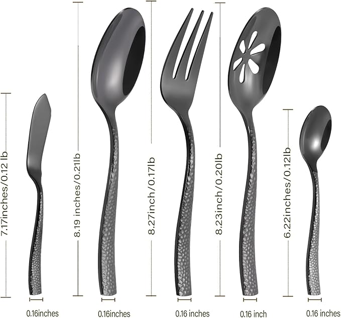 Kelenfer Stainless Steel Silverware Serving Set Hammered Black Mirror Finished 5 Piece Serving Utensil Set Flatware Set