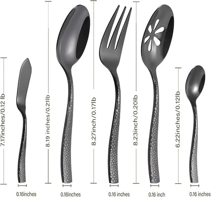 Kelenfer Stainless Steel Silverware Serving Set Hammered Black Mirror Finished 5 Piece Serving Utensil Set Flatware Set