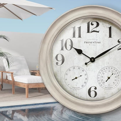 Presentime & Co. 26" Clifton in/Outdoor Farmhouse Clock with Thermometer & Hygrometer as All in One Weather Station, Farmhouse Wall Art and Timepiece for Home Decoration, Weathered White Finish