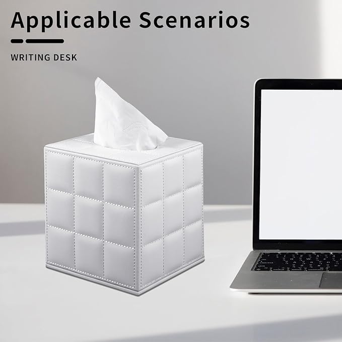 Tissue Box Cover Square,Stylish PU Leather Tissue Box Holder for Dresser Bathroom,Facial Tissue Holder with Magnetic Bottom for Home Office (White)