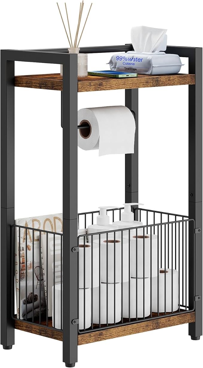 IBUYKE Freestanding Toilet Paper Holder Stand with Storage Shelf,Bathroom Toilet Tissue Roll Dispenser with Extra Space for Rolls, Magazines, Wet Wipes Brown TLJ020H