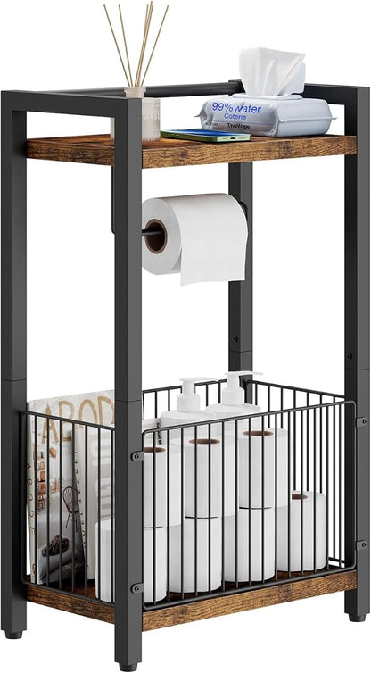 IBUYKE Freestanding Toilet Paper Holder Stand with Storage Shelf,Bathroom Toilet Tissue Roll Dispenser with Extra Space for Rolls, Magazines, Wet Wipes Brown TLJ020H