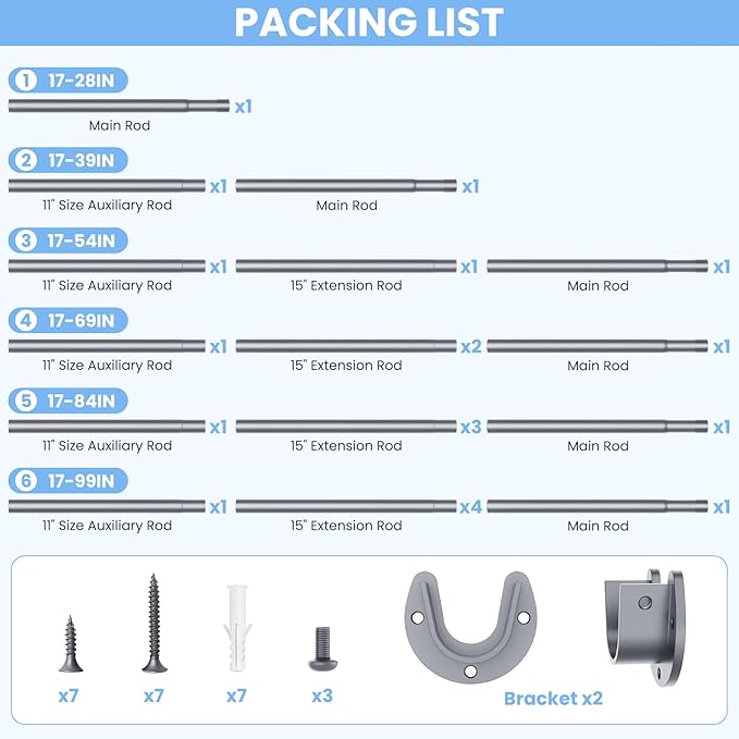 Closet Rods for Hanging Clothes, 17 to 69 Inches No-Cut Stepless Adjustable Closet Rod, 1.3 Inches Expandable Metal Heavy Duty Closet Hanging Rod for Closet Wardrobe Bathroom Laundry RV, Silver