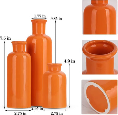 Ceramic Vase Set - 3 Orange Small Vases, Farmhouse Country Flower Vase Home Decor, Living Room Decoration, Table Decoration, Fireplace Decor, and Entrance Decorations Centerpieces