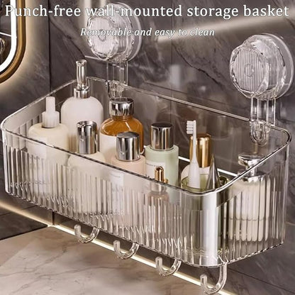 No-Drill Bathroom Storage Suction Cup Storage Box, Removable, Freely Adjustable Vacuum Suction Cup Storage Box, Large Capacity & Strong Load-Bearing, Hanging Shower Organizer (Transparent Gray)