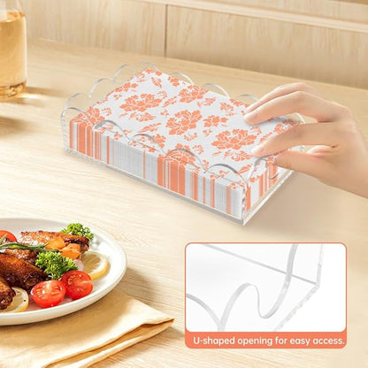 Clear Acrylic Napkin Holder, Thick Scalloped Tray for Bathroom Kitchen Dining Room, Crystal Clear Table Cocktail Napkin Holder, Disposable Paper Hand Towels for Parties, Weddings