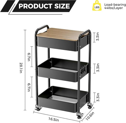 johgee 3 Tier Rolling Cart with Table top, Metal Utility Cart, Sturdy Storage Organizer Cart with Locking Wheels & Hooks for Office, Classroom, Kitchen and Bathroom