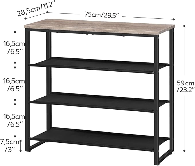 HOOBRO Shoe Rack, 4 Tier Shoe Storage Organizer with 3 Oxford Fabric Shelves and Top Panel, Holds 12-16 Pairs of Shoes for Entryway and Closet, Industrial, Greige BG47XJ01G1