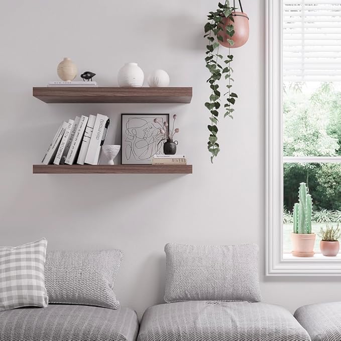 JPND Floating Shelf, Set of 2 Wall Shelf, 24 in W x 12.75 in D x 2 in H Wooden Floating Wall Shelf with Invisible Brackets for Living Room/Bedroom/Bathroom/Kitchen Storage and Decor, Walnut