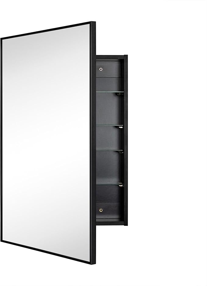 TEHOME 20'' x 30'' Black Recessed and Surface Mount Bathroom Medicine Cabinet with Mirror Matt Black Square Cornered Metal Framed Rounded Rectangle Medicine Cabinet Mirror