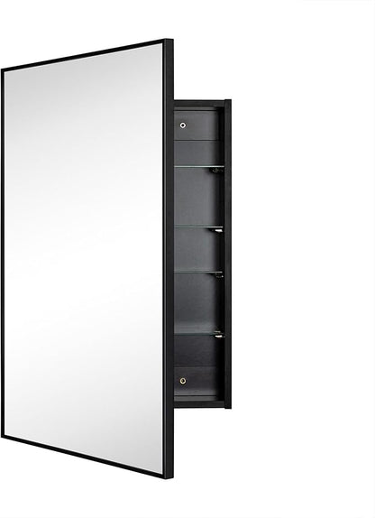 TEHOME 20'' x 30'' Black Recessed and Surface Mount Bathroom Medicine Cabinet with Mirror Matt Black Square Cornered Metal Framed Rounded Rectangle Medicine Cabinet Mirror