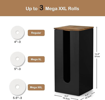 OUTNILI Freestanding Toilet Paper Holder Stand with Lid, Black Wooden Toilet Paper Storage Organizer for Bathroom Floor, Rustic Farmhouse Toilet Paper Storage Holds 3 Extra Large Rolls