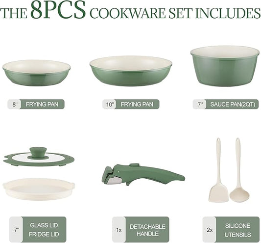 Ceramic Cookware Set Non Stick 8Pcs Pots and Pans Set Detachable Handle Induction Kitchen Cooking Set with Frying Pans Oven Dishwasher Safe, PFAS/PFOA Free, Forest Green