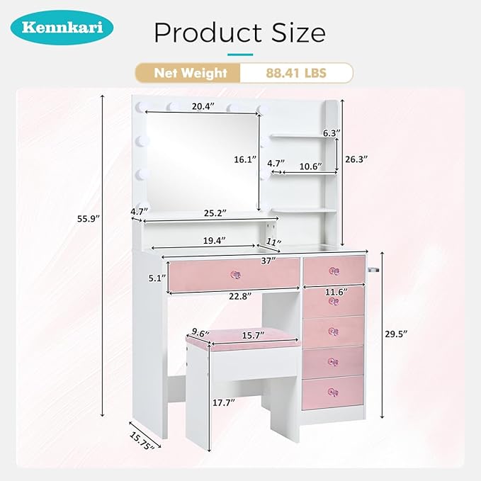Vanity Desk with Hollywood Mirror and 9 Lights, Makeup Vanity with Drawers and Shelves, Vanity Table with Glass Top and Stool for Bedroom (Pink)