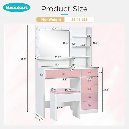 Vanity Desk with Hollywood Mirror and 9 Lights, Makeup Vanity with Drawers and Shelves, Vanity Table with Glass Top and Stool for Bedroom (Pink)